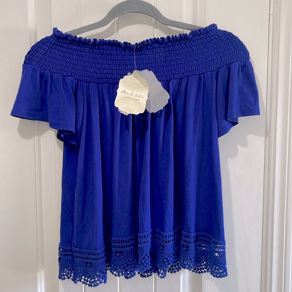 NWT Altar’d State off the shelf cobalt blue shirt with embroidery on bottom